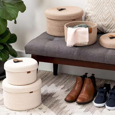 Кошики для зберігання з кришками, плетені кошики з бавовняних ниток з ручками, декоративні кошики, що миються, багатофункціональний органайзер для полиць, вітальня та ванна кімната (білий), 2