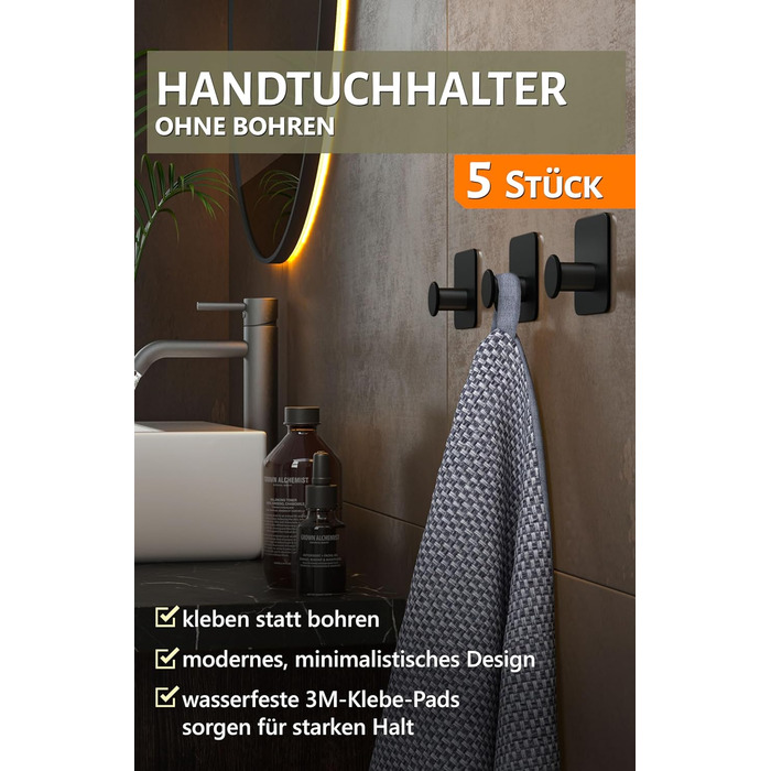 Рушникосушка без свердління - 5 шт. гачків для рушників для ванної кімнати, чорні клейкі гачки сучасні, стильні - гачки самоклеючі