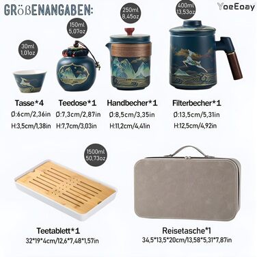 Порцеляновий набір для чайної церемонії Гунфу, 13 предметів, дорожній, портативний та практичний набір для чаювання для дорослих, у сірому шкіряному чохлі - ідеально підходить для поціновувачів чайної культури та проведення чайних церемоній