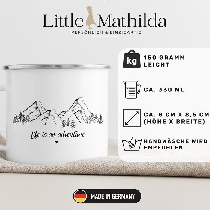 Емальована кружка &quotМаленька Матильда&quot з персоналізованою цитатою або приказкою, емальована кружка, подарунки для каравану для кемперів, емальована кружка, бляшана кружка для кемпінгу, аксесуари для каравану, прикраса для гір (життя - це пригода)