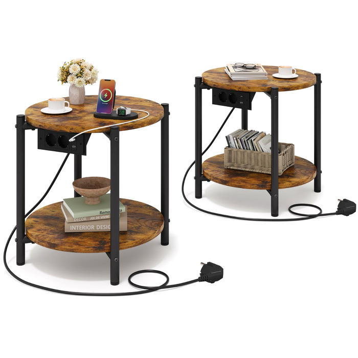 Круглий тумбовий набір з 2 шт. , бічний столик з розеткою, порт USB-C, маленький столик з дерева та металу, журнальний столик для дивана, стіл для вітальні, 2 полиці для спальні (вінтажний коричневий, 2 шт.)