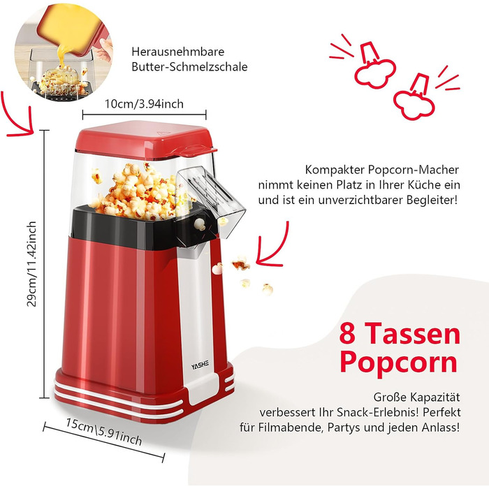 Машина для приготування попкорну YASHE Retro, машина для приготування попкорну з гарячим повітрям потужністю 1200 Вт з мірним стаканчиком, одним дотиком, без олії, ідеально підходить для домашнього кінотеатру, вечорів кіно, вечірок