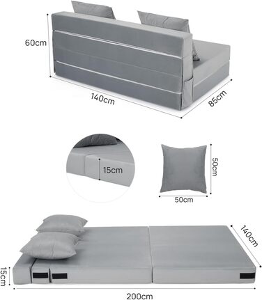 Диван-ліжко HAUSPROFI з оксамитовою оббивкою та 2 подушками, знімний чохол, який можна прати, розкладний матрац з високоеластичною PU губкою, спальна зона 140 см x 200 см (сірий)