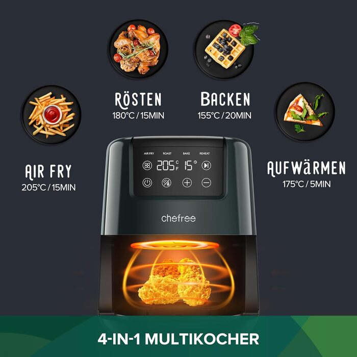 Аерофритюрниця CHEFREE 2 л, міні-мультиварка 4-в-1, енергозберігаюча, компактна, аерофритюрниця маленька без олії, можна мити в посудомийній машині, 900 Вт, чорний, AF300, темно-зелений