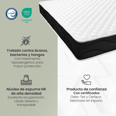 Матрац Homey Viscoelastic Sleep Pro, двосторонній (зима-літо), середньої та високої жорсткості, товщина 25 см, стійкий до кліщів, антибактеріальний та гіпоалергенний, 90 x 200 см Білий / Чорний 90 x 200 см