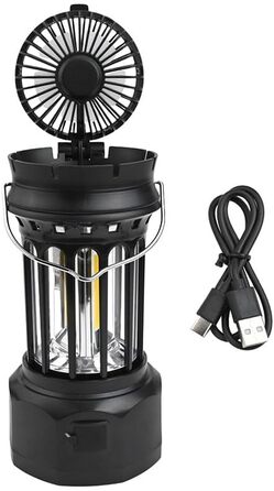 Ліхтар для кемпінгу, портативний багатофункціональний ліхтар з акумулятором 1200 мАг, складний вентилятор та зарядка через порт Type-C, 250 люмен, ABS хромоване залізо, чорний/білий