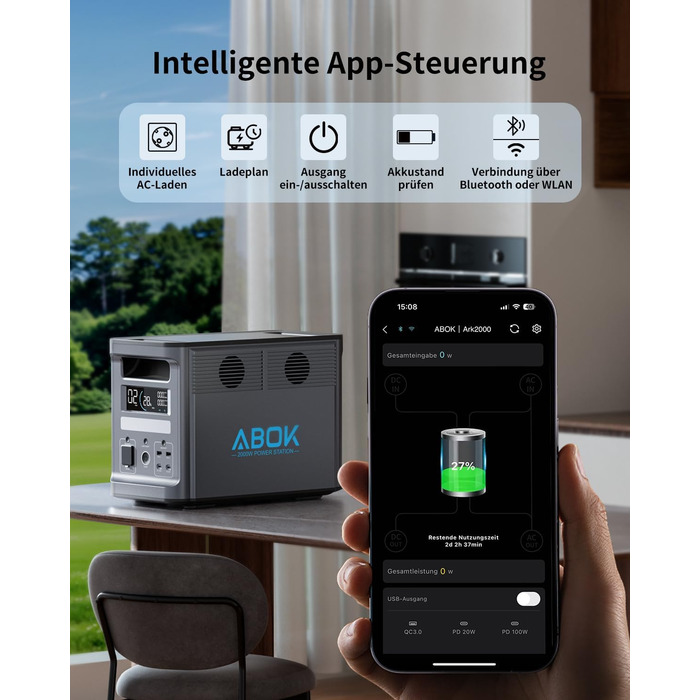 Акумуляторна станція ABOK Ark2000 Powerstation ємністю 1536 Втгод, LiFePO4, з можливістю розширення до 4,6 кВтгод, швидка зарядка від 0 до 100 за 1,3 год, сонячний генератор змінного струму потужністю 2000 Вт з ДБЖ та керуванням за допомогою застосунку дл