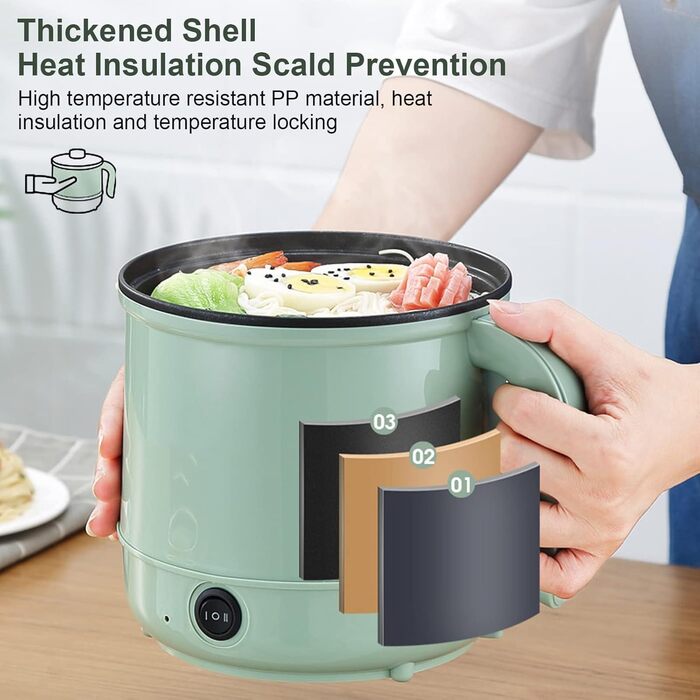 Електрична каструля, електричні фондю 1,7 л, портативна каструля з антипригарним покриттям, мультиварка з подвійним регулюванням потужності для смаження, стейків, пасти, раменної плити в гуртожитку та квартирі (зелений1)
