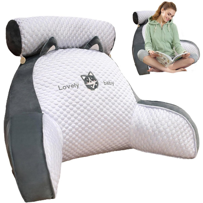 Подушка для читання, подушка для ліжка зі знімним потиличним валиком та підлокітником для сидіння в ліжку, дивані або підлозі, спинка, подушка для спини ліжка, подушка для підтримки спини для дорослих, подушка для спини для читання та перегляду телевізора