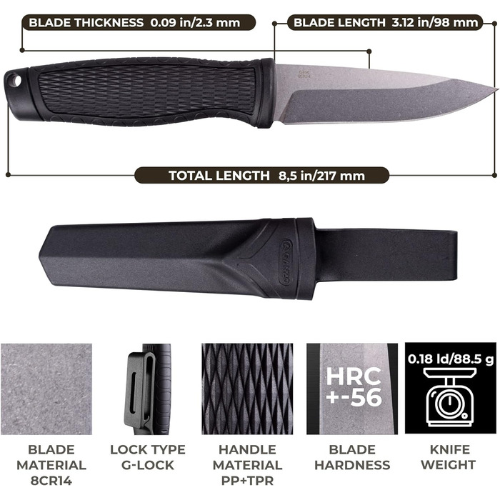Ніж Ganzo G806-BK з фіксованим лезом, клинок з нержавіючої сталі 8CR14, ергономічна нековзна рукоятка, для кемпінгу, полювання, ри
