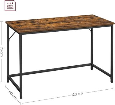 Стіл VASAGLE, комп&39ютерний стіл, офісний стіл, 120 x 60 x 76 см, для кабінету, спальні, вітальні, вінтажний коричневий-чорний LWD039B01V1 120 x 60 см Вінтажний коричневий чорний