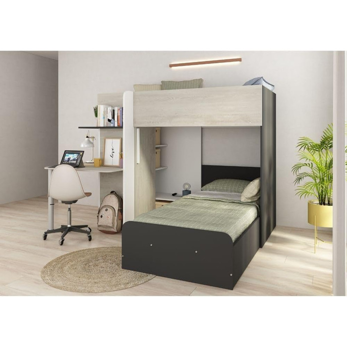 Двох'ярусне ліжко Bleki для двох дітей з письмовим столом і шафою в вінтажному білому та антрацитовому кольорах