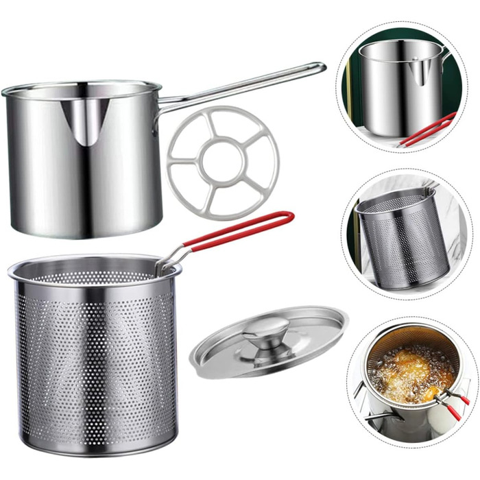 Комплект фритюрниці з нержавіючої сталі для дому Міні-сковорода Портативна плита Кошик для фритюрниці тако Японська фритюрниця темпура Маленька глибока фритюрниця Кошик для фритюрниці з горщиком, 1