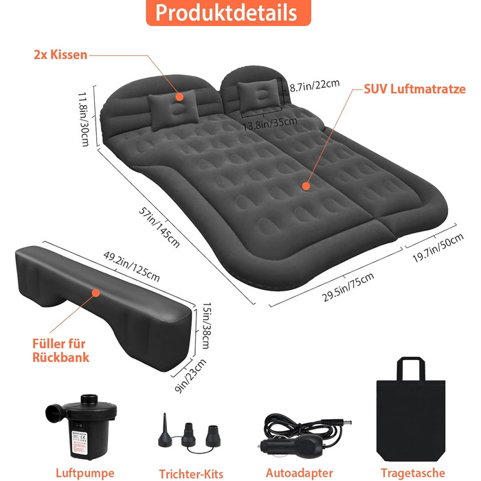 Надувний матрац для автомобіля, позашляховик, надувний матрац з насосом, MPV, надувний матрац, кемпінг, автомобільна подушка, товстіший надувний матрац для заднього сидіння з двома подушками для кемпінгу, подорожей, двору, пляжу, чорного кольору