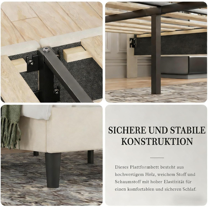 М&39яке ліжко VECELO 140x200 см Двоспальне ліжко, Каркас ліжка з регульованим по висоті узголів&39ям, оксамитовим чохлом та рейковою основою, Легке складання, Ідеально підходить для спалень та гостьових кімнат, Бежевий 140 x 200 см