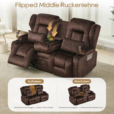 Місний розкладний крісло-реклайнер з функцією відкидання спинки та підставкою для ніг, двомісне крісло для телевізора з консоллю, подвійне кінокрісло з ручним регулюванням вагою до 360 кг (розкладна центральна консоль, коричнева оксамитова тканина) Коричн