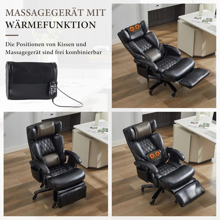 Офісні крісла, офісне крісло з підставкою для ніг та функцією масажу, офісне крісло зі штучної шкіри, поворот на 360, регульована спинка, до 150 кг, для офісу та домашнього офісу (чорне)