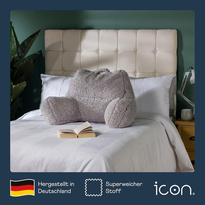 Подушка для читання Icon Teddy Bear зі спинкою, сіра, пухнаста подушка для читання з наповнювачем-мішком, підтримка спини з ручкою для перенесення, сірого кольору