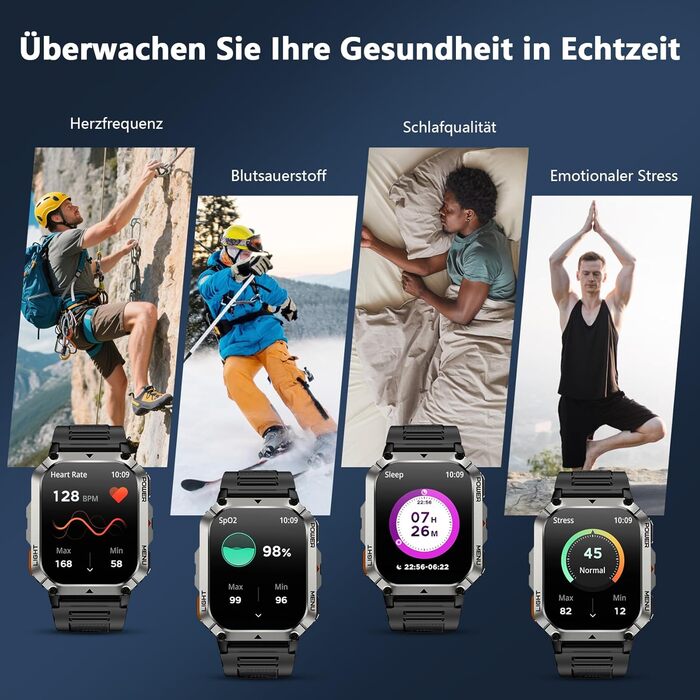 Розумний годинник Blackview для чоловіків з акумулятором 900 мАг, Bluetooth-дзвінками/компасом/світлодіодним підсвічуванням/2 браслетами (силікон/нейлон), спортивний годинник з монітором серцевого ритму, сну, кроків, калорій та кілометражу, фітнес-годинни