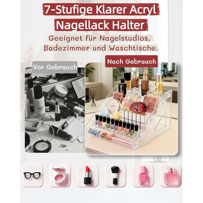 Органайзер для лаків для нігтів з 2 акрилових щіток із 7 рівнями, зберігання лаків для нігтів на 168 флаконів, прозора підставка для макіяжу, полиця для зберігання помади/ефірних олій та засобів для укладання
