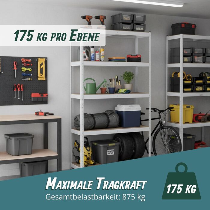 Міцний стелаж Relaxdays, ВxШxГ 180x60x30 см, 875 кг, 5 полиць, полиця для зберігання в підвалі та гаражі, вставного типу, білий/коричневий