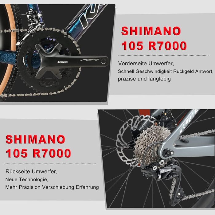 Шосейний/гравійний велосипед 28 дюймів з карбоновою рамою та вилкою, дисковими гальмами Shimano 22 швидкості, карбоновим кермом та підсідельним штирем для чоловіків та жінок, червоний, 53 см