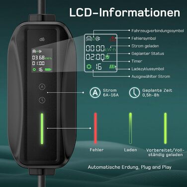 Зарядний кабель типу 2 Schuko 3,68кВт 1-фазний, 8м, 6-16А EV Зарядні пристрої з керованим цифровим дисплеєм для електромобіля, зар