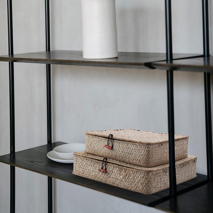 Прямокутний кошик для зберігання з ротанга, полиці з натуральної плетеної морської трави з кришками, 2 предмети (великий малий для білої білизни)