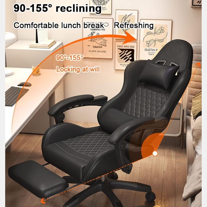 Ігрове крісло, комп&39ютерне крісло, поворотне, з можливістю нахилу, офісне крісло, зручне ігрове крісло, спальня, офіс, вітальня, чорна підставка для ніг латексна подушка