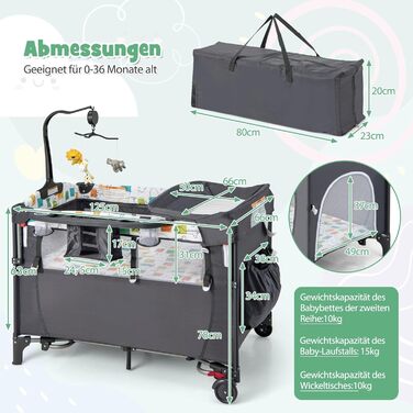 Дорожнє ліжечко DREAMADE 5-в-1 з матрацом 120 x 60 см, регульована по висоті тумбочка з пеленальний столик, музичний мобіль та іграшки, дитяче ліжечко та гойдалка для малюків від народження (сірий)