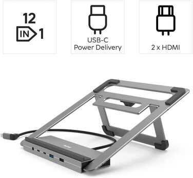 Хаб-Докстанція з Підставкою для Ноутбука, 12 портів (4 шт. USB-A, 2 шт. HDMI, 3 шт. USB-C, DisplayPort, LAN/Ethernet, 3.5 мм аудіо, 12-в-1 USB-C Хаб для Офісу чи Дому)