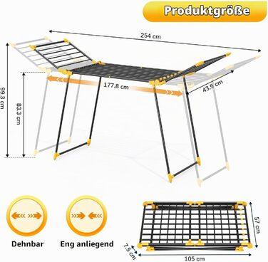 Сушарка для білизни KINGRACK з 2 розкладними крилами, розсувна стійка з трубчастої сталі, ширина 177,8254 см, компактна модель для балкона та приміщень (жовта, L)
