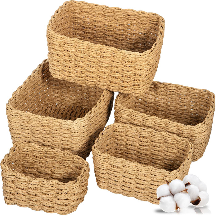 Набір із 5 плетених кошиків для зберігання, плетені кошики для зберігання з паперової мотузки, штабелювані кошики для зберігання одягу, кухні, ванної кімнати, зберігання іграшок