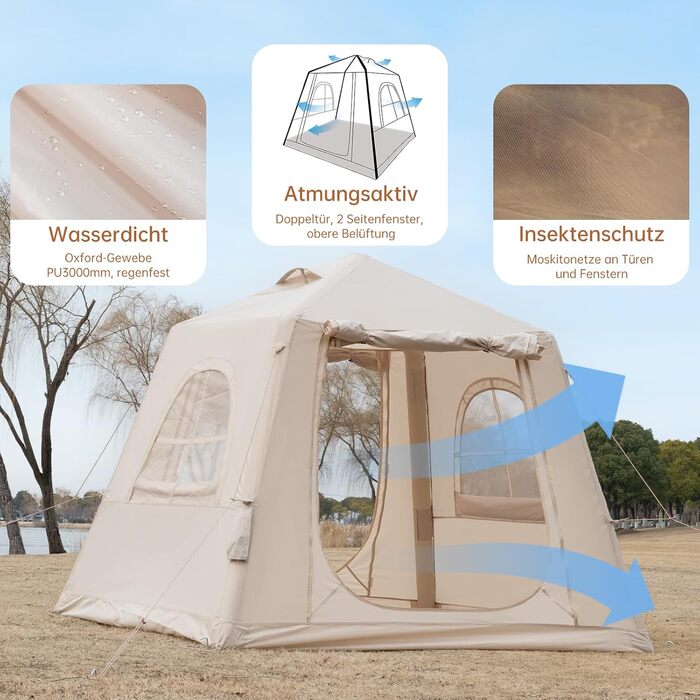 Надувний кемпінговий намет з ручним насосом. Легке встановлення. Водонепроникний та вітрозахисний надувний намет для 2-10 осіб. Надувний намет/будинок/каюта Oxford для глемпінгу (240*240*190 см).