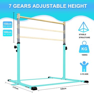 Гімнастичний гриф HomeSun для дітей, міцний нахилений гриф з кільцями, горизонтальний гімнастичний гриф для домашніх тренувань, регульована висота 90-150 см, тренажер до 100 кг, вік 3-15 років, бірюзовий