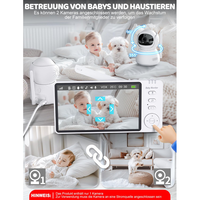 Монітор для дітей з камерою 5 дюймів 720p HD Відео Монітор для дітей Нічне бачення Режим VOX Двосторонній аудіо Моніторинг темпера