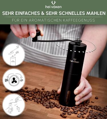 Ручна кавомолка HEI Vken з конічною кавомолкою - Регульований помел - Ручна кавомолка з нержавіючої сталі для дому та в дорозі