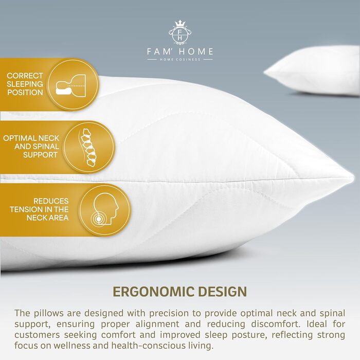 Розкішна подушка FAM&39 Home 60x70 см, комплект з 2 шт. подушка з об&39ємним наповнювачем (820 г) ергономічні білі подушки для сну легкий догляд гіпоалергенна подушка 60 x 70 см, можна прати при температурі до 95 C дихаюча, комплект з 2 шт., 60 x 70 см