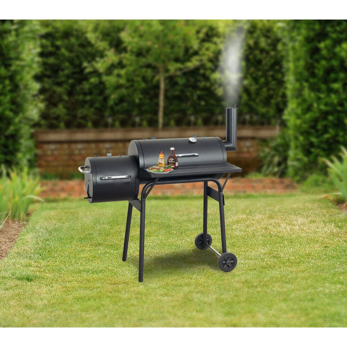 Гриль-коптильня Tepro BBQ Smoker Wichita, 2 камери для приготування, з колесами та термометром у кришці, чорний, розміри прибл. 112 x 63 x 116,5 см