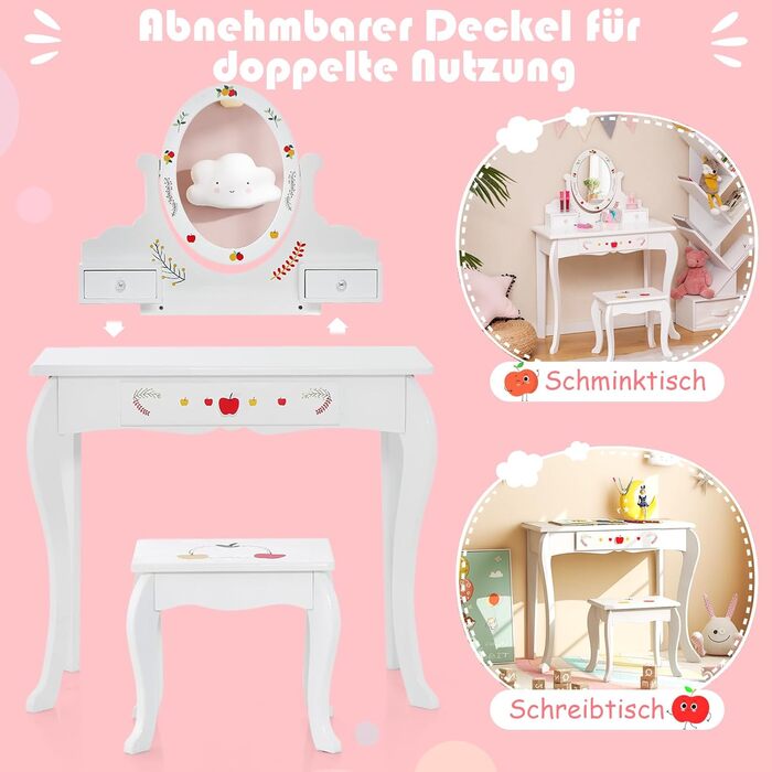 В 1 макіяжний столик зі стільчиком, дитячий макіяжний столик з обертовим та знімним дзеркалом, міцний письмовий стіл з 3 шухлядами