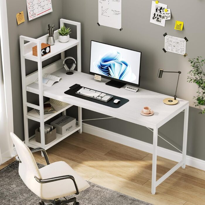 Письмовий стіл Sweetcrispy з бічною полицею та регульованими ніжками, офісний стіл шириною 120 см, міцний комп&39ютерний стіл із місцем для зберігання, легке складання, білий 120 x 56 x 120 см