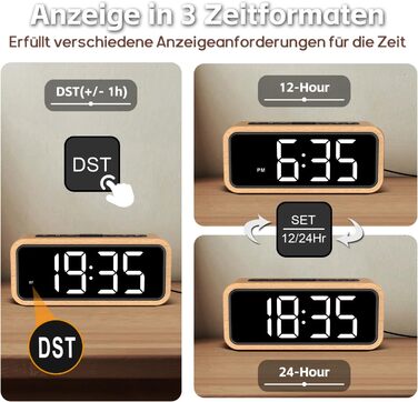 Гучний будильник для тих, хто міцно спить, дерев&39яний цифровий будильник зі світлодіодним дисплеєм, 12 мелодій будильника, 5 налаштувань яскравості, 5 рівнів гучності, ручний перехід на літній час, ретро-коричневий будильник для спальні (буково-білий)