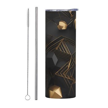 Кухоль з прямою трубочкою, 590 мл, чорно-золотий, картатий, з принтом, дорожній кухоль, підходить для кемпінгу, офісу та дому