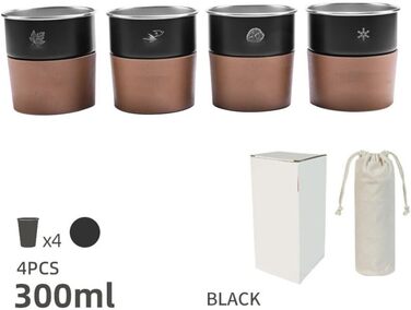 Кемпінгова кружка з нержавіючої сталі 300 мл, набір з 4 предметів, що штабелюється, та чохлом зі штучної шкіри, для активного відпочинку, походів та подорожей зелений/кремовий/білий/чорний/темно-синій