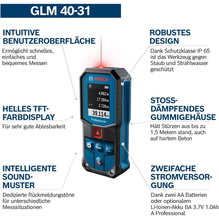 Лазерний далекомір Bosch Professional GLM 40-31 (IP 65, ударостійкий корпус, 7 режимів вимірювання, автообчислення довжини/площі/об'єму, яскравий кольоровий дисплей, сумісність з Li-Ion акумулятором)