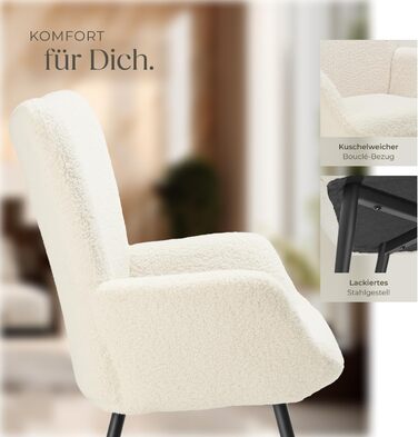 Крісло tectake у скандинавському стилі з крилами, крісло Teddy Hygge, крісло з букле для вітальні, спальні, вишукане крісло-гостина, вантажопідйомність до 150 кг без підставки для ніг, букле кремовий/чорний