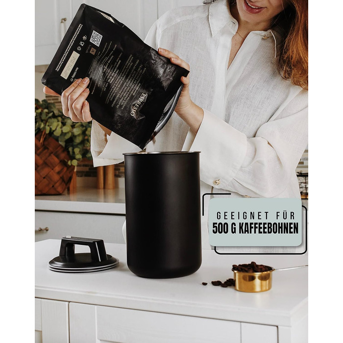 Герметичний контейнер для кави KC Kitchen & Co. для 500 г кавових зерен контейнер з нержавіючої сталі з вакуумною кришкою та ароматичною герметичністю контейнер для зберігання кави, чаю, цукру, мюслі матово-чорний (1700 мл)