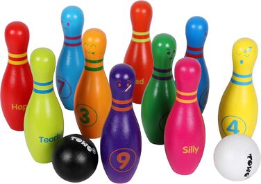 Дерев&39яна іграшка для боулінгу для дітей - Великий набір для боулінгу для дітей з обличчями та цифрами - Набір для боулінгу з 10 кеглями та 2 дерев&39яними кулями для боулінгу - Дерев&39яна іграшка для 2-річних малюків