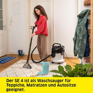 Миючий пилосос Krcher SE 4 (гнучкий шланг 2-в-1), радіус дії 8 м, 1000 Вт, бак для чистої/брудної води 4 л, 1.081-150.0, білий Whi