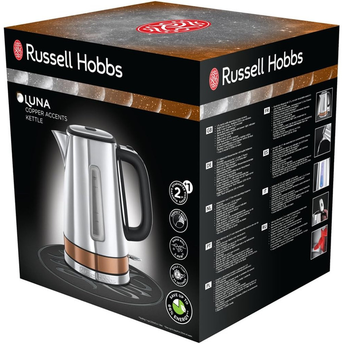 Чайник Russell Hobbs 1,7 л, 2400 Вт Luna з нержавіючої сталі мідь (функція приготування під тиском, знімний фільтр з вапном, зовнішній індикатор рівня води, автомат. Чайник для заварювання 24280-70